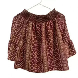 I. JOAH Off‎ the Shoulder Flowy Paisley Print Burgundy and Cream Blouse Sz Small